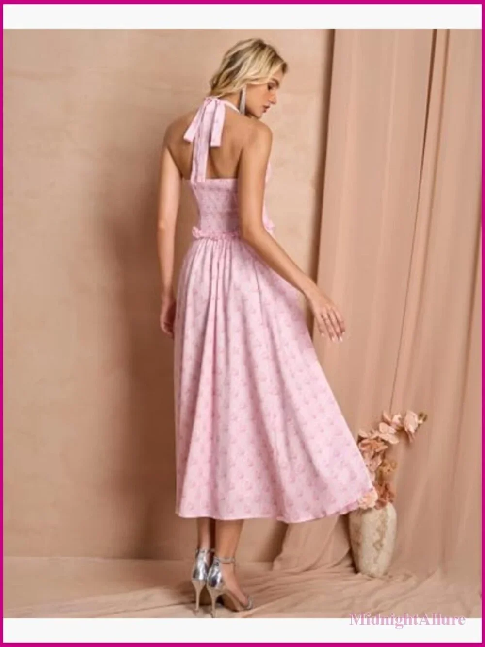 Floral Halter Corset Wrap Midi Dress A-Line Sweetheart Neckline Summer Tea Party